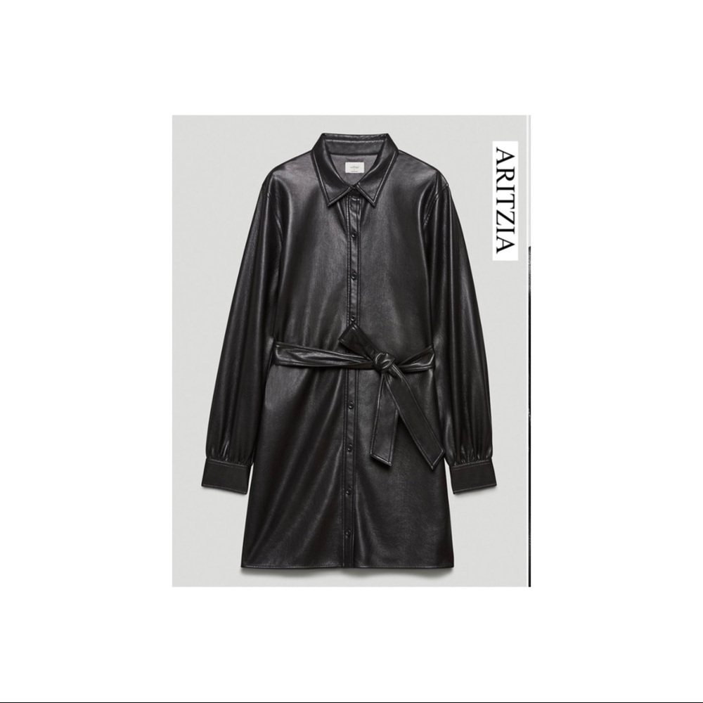 Belted vegan leather shirt dress
